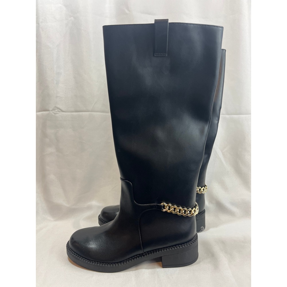 Black Tall Riding‎ Boots with Gold Chain Detail Low Block Heel Size 8.5